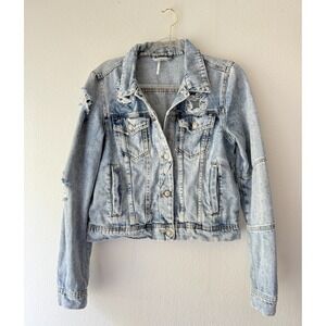 Free People Trucker Denim Jacket Women M Distressed Light Wash Grunge Streetwear